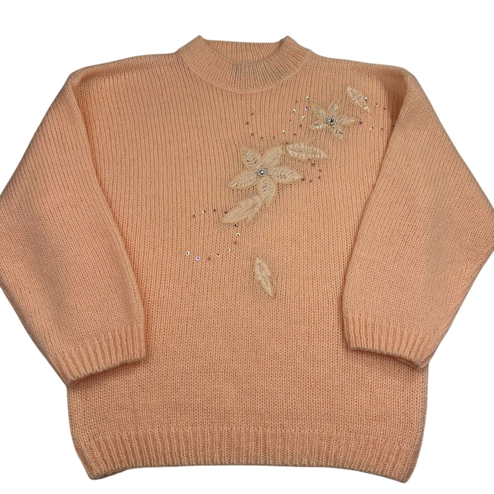 Maggie Lawrence‎ VINTAGE 80'S SWEATER PEACH W/SILVER BUGLE BEADS 22W/42 soft!